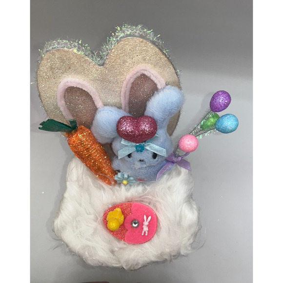 Vintage Wooden Easter Bunny Chair Faux Fur Blue Bunny Egg Balloons Deb O. OOAK - Picture 14 of 16